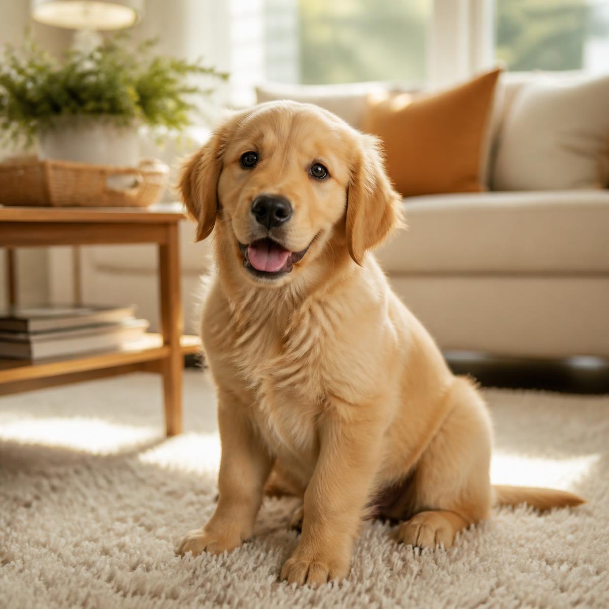 Golden retriever puppy sitting calmly on a rug in a sunlit living room